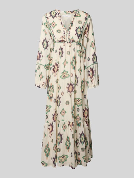 Produktfoto, Maxikleid im Allover-Look Modell 'OELIA' von Bash, bawełna, krój A-linie, Stitchings, dekolt V, zapięcie na guziki, długość tyłu w rozmiarze 36: 130 cm, szerokość w rozmiarze 36: 49 cm, długość rękawa w rozmiarze 36: 60 cm