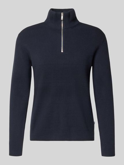 Productfoto, Strickpullover mit Stehkragen und Reißverschluss van Lindbergh in donkerblau, regular fit, katoenmix, ribstructuur