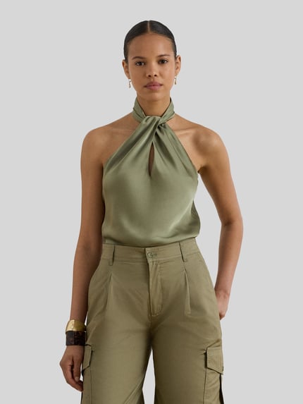 Lauren Ralph Lauren Top o kroju slim fit z wycięciem z wiązaniem na szyi Khaki 4