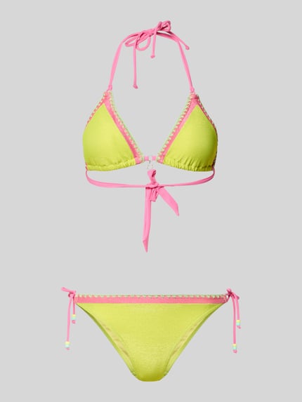 Produktfoto, Bikini z ozdobnymi kamieniami model 'Blucostora' od Banana Moon, elastyczny materiał, regularny krój, żółty z różowymi detalami, stitching