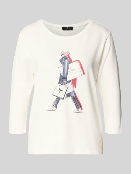 Vrouwenmodel draagt Regular Fit Longsleeve uit viscosemix met siersteentjes van monari, motiefprint, ronde hals, 7/8-mouw, ruglengte 59 cm, vooraanzicht bovenlichaam