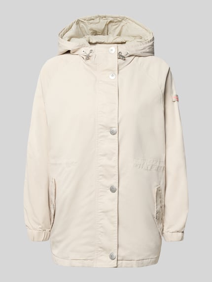 Productfoto, Regular Fit Jacke met logo-detail model 'Dorine' van Frieda & Freddies, dames jas van katoenmix met capuchon en tunnelkoord, steekzak, elastische mouwboorden, crèmekleur, gladde stof, zichtbare knopen, afmeting maat 36: ruglengte 72 cm, schouderbreedte 40 cm, borstwijdte 57 cm, mouwlengte 62 cm