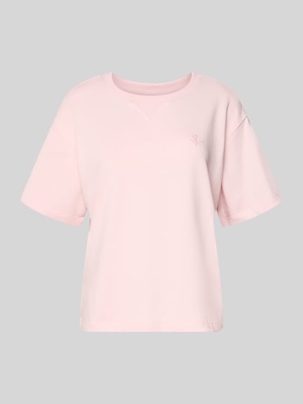 Produktfoto, kurzärmeliges Sweatshirt mit Stickerei von REVIEW in zartem Rosa, Relaxed Fit, Baumwoll-Mix mit Viskose-Anteil, halber Arm, glatte Textur