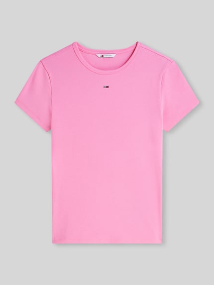 Tommy Jeans Slim Fit T-Shirt aus Baumwoll-Mix in Rippstrick Pink Melange 2