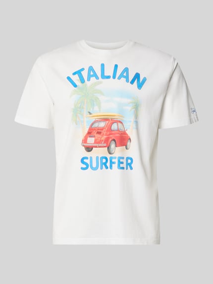 Produktfoto, Herren T-Shirt mit Motiv-Print Modell 'DENVER' von MC2 Saint Barth aus reiner Baumwolle, Regular-Fit, weiß, Rundhalsausschnitt, bunter Print, Rückenlänge bei Größe M 68 cm