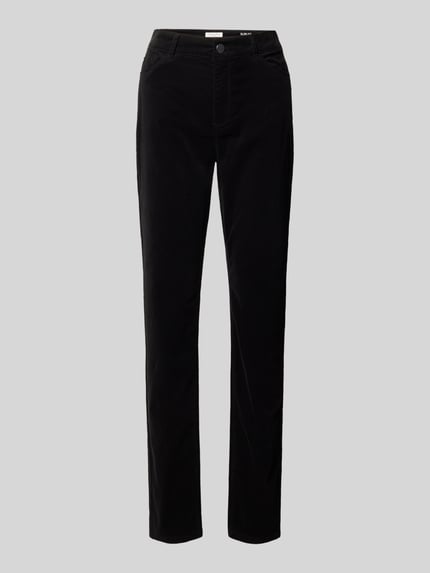Produktfoto, Slim Fit Stoffhose aus elastischem Baumwoll-Mix von Christian Berg Woman in Schwarz mit 5-Pocket-Design und Gürtelschlaufen.
