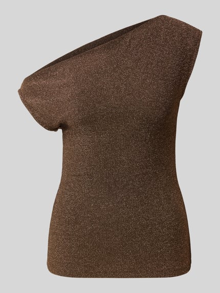 Produktfoto, Blusentop aus Silber mit One Shoulder von SELECTED FEMME, unifarbene Optik, U-Boot-Ausschnitt, asymmetrischer Saum, texturierte Oberfläche.