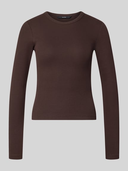 Produktfoto, braunes Slim Fit Langarmshirt aus Baumwoll-Mix Modell 'CHLOE' von VERO MODA, glatte Struktur, Damen Langarmshirt