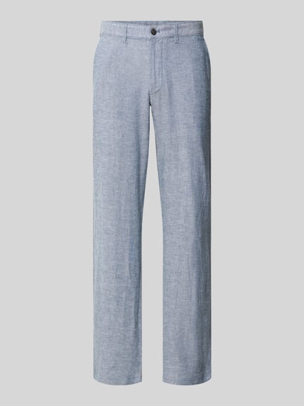 Produktfoto, Hose aus Leinen-Viskose-Mix mit Eingrifftaschen von Christian Berg Men, hellblau, Knopf- und Reißverschluss, Regular-Fit, glatt gewebte Textur, Bundweite 47 cm, Innenbeinlänge 78 cm in Größe 50.