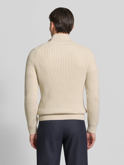 Mężczyzna nosi sweter z dzianiny 'Strickpullover aus Schurwoll-Mix mit Troyer-Kragen' od ROY ROBSON, mieszanka żywej wełny z domieszką wełny z alpaki, krój slim fit, kołnierz zapinany, detal z logo, Długość tyłu w rozmiarze M: 78 cm, Długość rękawów w rozmiarze M: 80 cm, kolor jasny beż, wyraźna faktura prążków, widok całej sylwetki z tyłu.
