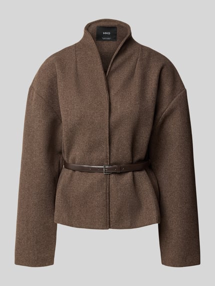 Produktfoto, Jacke mit Gürtel Modell 'SIRA' von MANGO in Braun, Material-Mix mit Woll-Anteil, Regular Fit, Stehkragen, Gürtel, strukturierte Oberfläche.