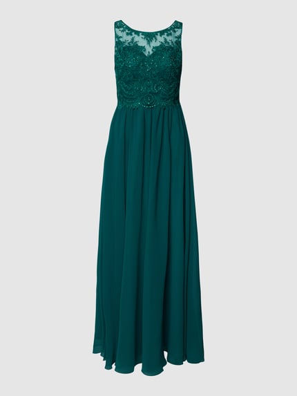Produktfoto, Regular Fit Abendkleid mit floralem Spitzenbesatz von Laona, zielono-turkusowy kolor, półprzezroczysty top, zdobienie z kamieni, okrągły dekolt, bez rękawów, lekko opływowa forma, nieprześwitująca podszewka.