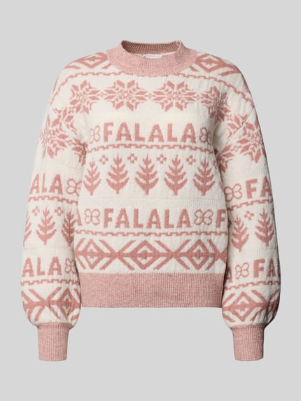 Produktfoto, Strickpullover mit Stehkragen Modell 'FROSTINA' von Vila im elastischen Material-Mix, gerader Schnitt, rosa und cremefarbenes Muster