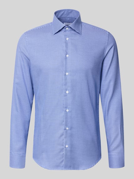 Produktfoto, Slim Fit Businesshemd aus reiner Baumwolle von Seidensticker in Blau mit feinem Karo-Muster, weiße Knöpfe, glatte Textur