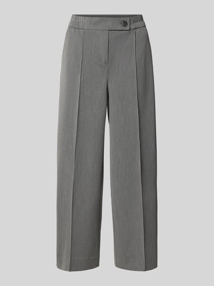 Produktfoto, graue Stoffhose mit Bügelfalte Modell 'Cisilia' von someday, Barrel Fit, elastischer Bund, glatte Textur, Vorderansicht.