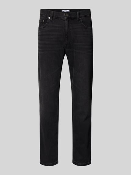 Produktfoto, Straight Fit Jeans im Five-Pocket-Design von REVIEW, czarne denim, bawełna z elastanem, krój straight fit, guzik i zamek, Szerokość w rozmiarze 32/32: 40 cm, długość nogawki wewnętrznej: 73 cm