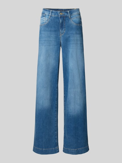 Produktfoto, Jeans mit 5-Pocket-Design von MAC aus blauem Baumwoll-Mix mit Stretch-Anteil, lockerer Schnitt, sichtbare Nähte, glatte Struktur