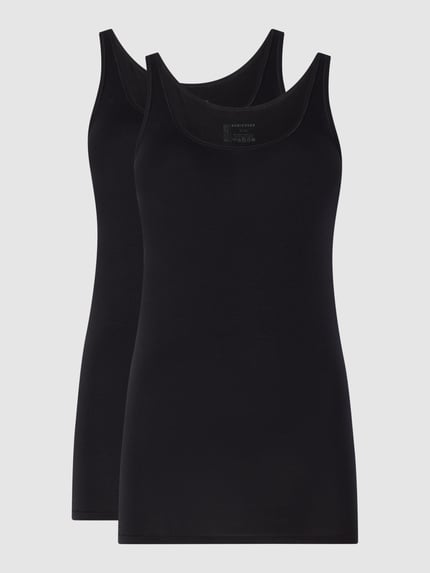 Produktfoto, zwart Slim Fit Top uit katoenmix van Schiesser voor dames, ronde hals, licht transparant, glad oppervlak, set van twee.