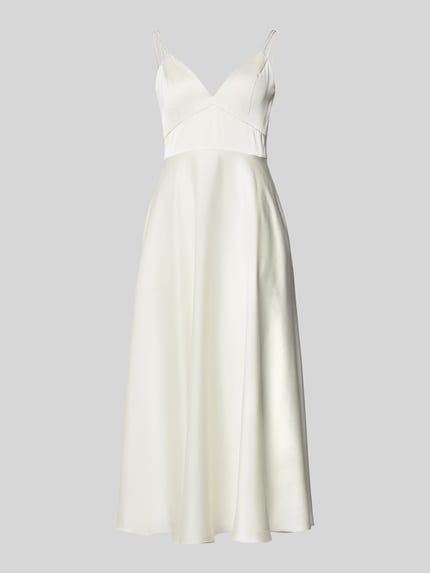 Produktfoto, Cocktailkleid aus Satin mit V-Ausschnitt von Jake*s Cocktail in cremefarben, A-Linie, Midikleid, Spaghettiträger, glatte Textur