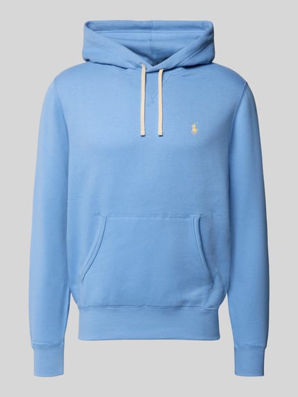 Produktfoto, Hoodie mit Label-Stitching von Polo Ralph Lauren aus Baumwoll-Mix in Hellblau, lockerer Schnitt, Känguru-Tasche, gerippte Abschlüsse