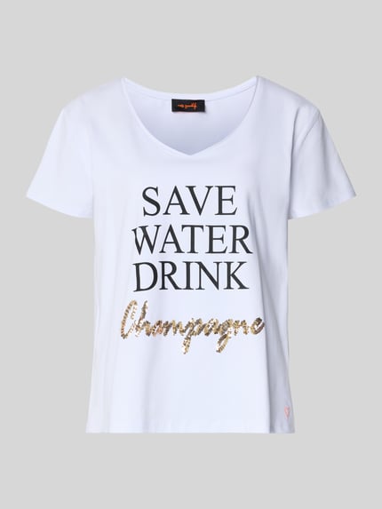 Produktfoto, T-shirt mit Statement-Print von miss goodlife, biały, nadruk z napisem, mieszanka bawełny i elastanu, luźny krój, dekolt w serek, damski t-shirt, długość tyłu w rozmiarze S: 66 cm