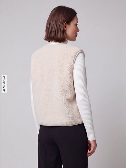 Frauenmodel trägt Regular Fit Weste mit Logo-Detail von Jake*s Casual in Creme mit strukturierter Oberfläche, Ganzkörperansicht Rückansicht, KI-modifiziertes Bild.
