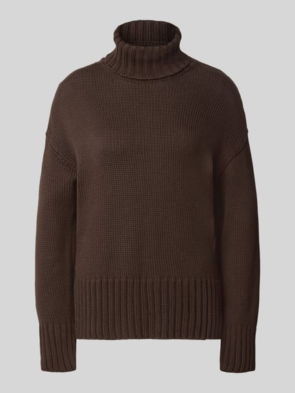 Produktfoto, Relaxed Fit Strickpullover aus reiner Baumwolle mit Rollkragen von MOS MOSH in Dunkelbraun, grobe Struktur, elastische Abschlüsse
