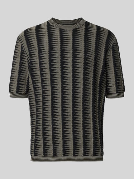 Produktfoto, T-Shirt in Strick-Optik von Emporio Armani aus reiner Baumwolle, lockere Passform, grau-schwarz gestreiftes Muster, Rundhalsausschnitt, kurzärmelig, elastische Abschlüsse