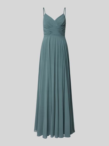 Productfoto, avondjurk met draperingen en V-hals van Mascara in blauwgroen, getailleerd model, maxi-jurk, gladde textuur