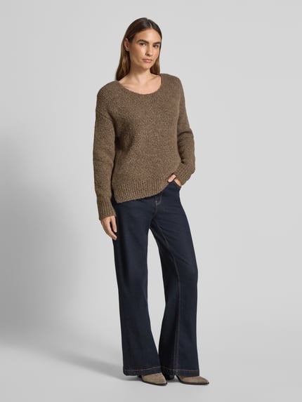 Milano Italy Sweter z dzianiny krój loose fit z mieszanką wełny i alpaki Piaskowy 1