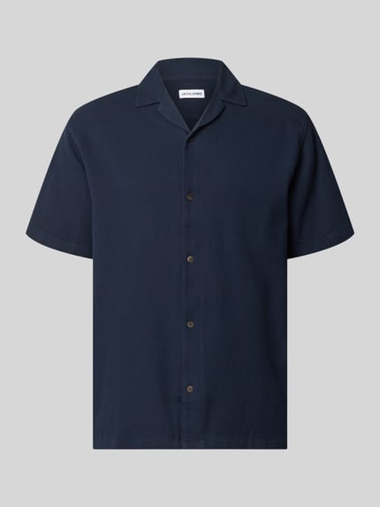 Produktfoto, Regular Fit Freizeithemd mit Strukturmuster Modell 'Global' von Jack & Jones, kurzärmelig, Reine Baumwolle, dunkelblauer Stoff, Reverskragen, durchgehende Knopfleiste, sichtbare Struktur, glatte Textur