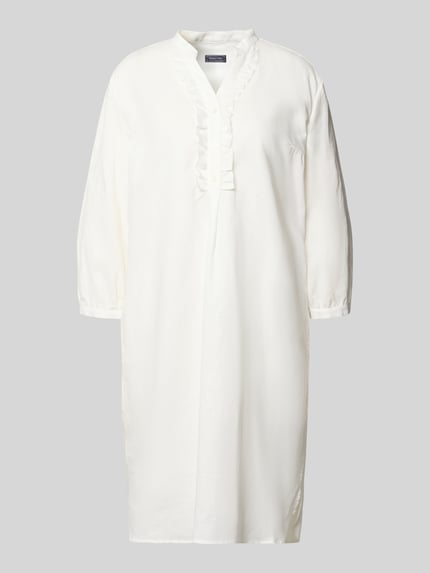 Productfoto, knielange tuniekjurk uit linnen-katoenmix van WHITE LABEL, rechte pasvorm, V-hals, ruches, 3/4-mouw, effen wit