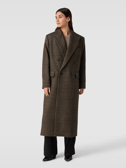 Filippa K Płaszcz z mieszanka wełny w kratka glencheck i kołnierz z połami Camel melanż 1
