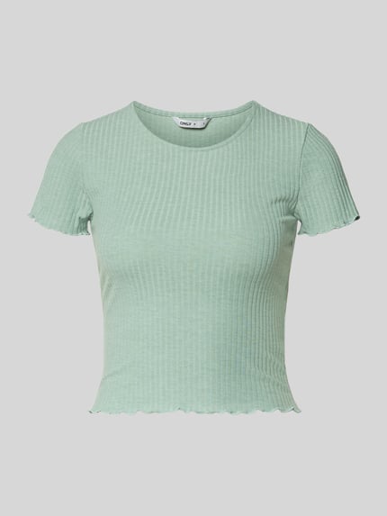 Produktfoto, Slim Fit T-Shirt mit Viskose-Anteil Modell 'EMMA' von Only in Mintgrün, gestreifte Struktur, kurze Ärmel, Frill-Abschlüsse, Jacquard Stretch