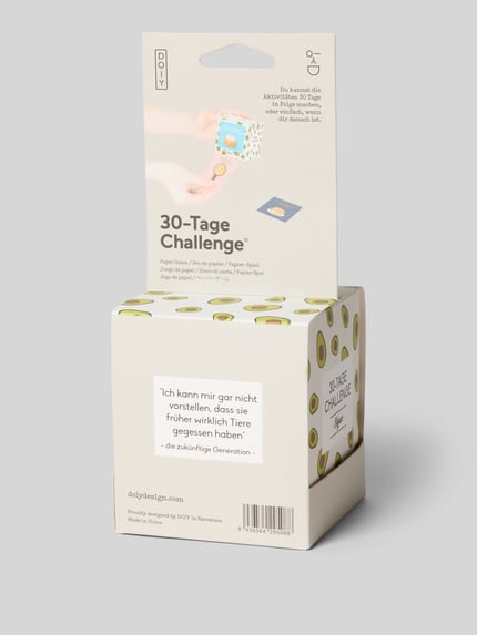 Produktfoto, Papier-Spiel mit veganen Rezepten aus aller Welt von Doiy, 30-Tage Challenge zum Abreißen, mix jasnych kolorów, kształt kostki, gładka tekstura
