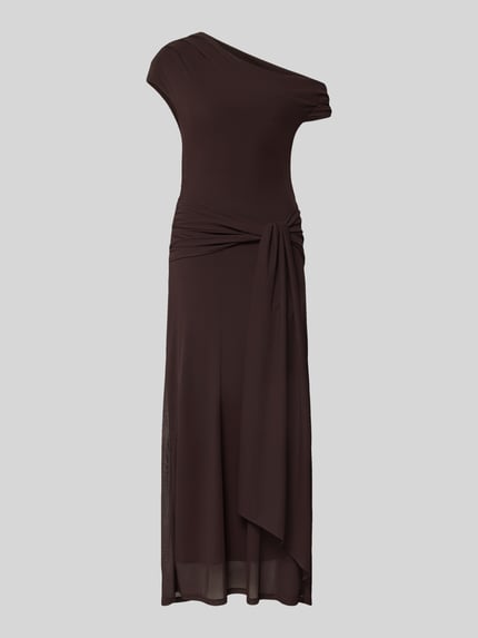 Produktfoto, Abendkleid mit Wasserfall-Ausschnitt Modell 'Piper' von Forever New in Dunkelbraun, Mesh, eng anliegend, blickdicht, schlichte Textur