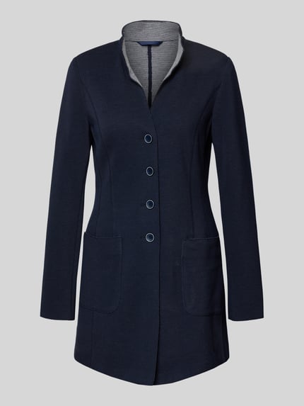 Produktfoto, dunkelblauer Blazer mit Stehkragen und Eingrifftaschen aus Baumwoll-Mix, taillierter Schnitt, WHITE LABEL, Knopfleiste.