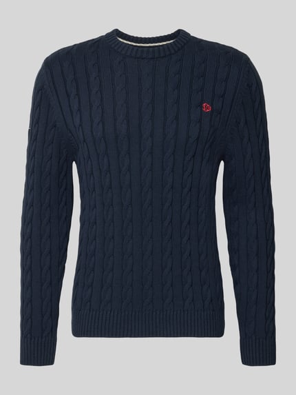 Produktfoto, Slim Fit Pullover in Strick-Optik von Superdry aus reiner Baumwolle, navyfarben, Rundhalsausschnitt, elastische Abschlüsse