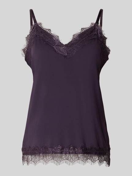 Productfoto, Spitzentop met verstelbare spaghettibandjes Model 'BICCO' van FREE/QUENT, dames, regular fit, V-hals, kant, ruglengte maat S 38 cm, donkerpaars, gladde stof, kanten rand