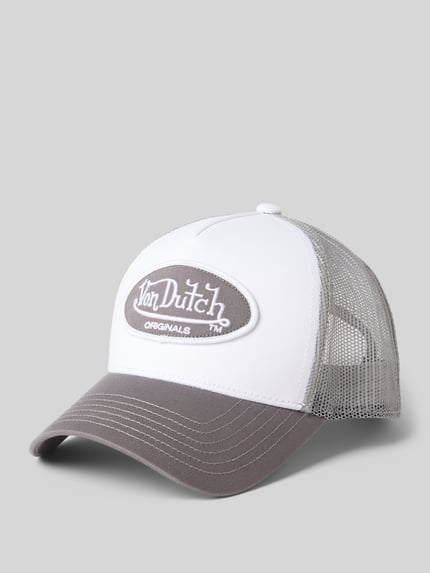 Produktfoto, Trucker Cap mit Logo-Patch von Von Dutch, grau-weiß, Mesh, Snapback, Curved Visor, Herren, strukturierte Oberfläche