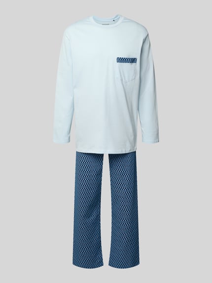 Productfoto, Pyjama met klassieke borstzak en ronde hals van Schiesser in lichtblauw en donkerblauw, katoen, comfortabele pasvorm, elastische tailleband