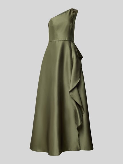 Produktfoto, Midikleid mit Rüschenbesatz von Adrianna Papell in olivgrünem Satin, asymmetrisches und ärmelloses Design, Ziersteinbesatz, glatte Struktur