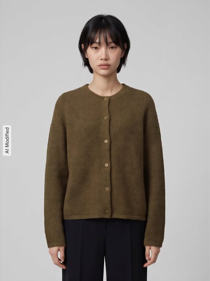 Frauenmodel trägt Relaxed Fit Strickjacke aus Woll-Mix mit Alpaka-Anteil Modell 'LULU' von Selected, olivgrün, strukturierte Oberfläche, Ganzkörperansicht von vorne, Damen Strickjacke, KI-modifiziertes Bild.