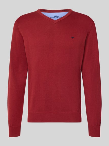 Produktfoto, Strickpullover mit Label-Strickerei von Fynch-Hatton, reine Baumwolle, V-Ausschnitt, gerade Form, rote Farbe, gerippte Abschlüsse