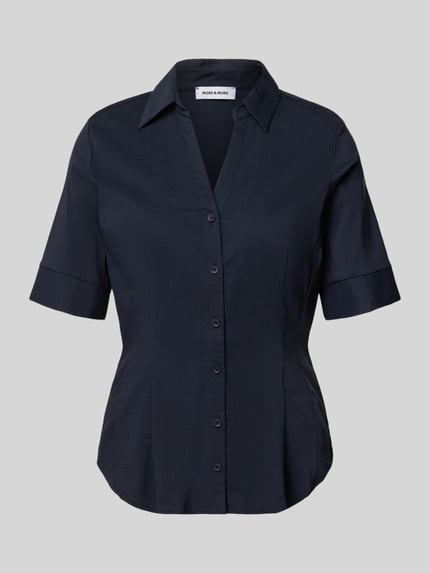 Produktfoto, Hemdbluse im Halbarm-Design von More & More in Dunkelblau, Baumwoll-Mix, Taillierte Passform, Hemdblusenkragen, Knopfleiste