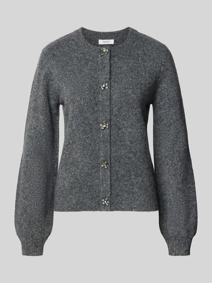 Produktfoto, Strickjacke mit Woll-Anteil Modell 'OMEA' von b.young, grau, florale Strass-Applikationen, Ballonärmel, gerippte Abschlüsse