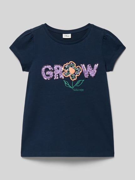 Produktfoto, A-Shape Fit T-Shirt aus reiner Baumwolle von s.Oliver RED LABEL in Dunkelblau mit Motiv-Print, Pailletten und Rundhalsausschnitt, unifarben, kurzarm, Jersey-Struktur.