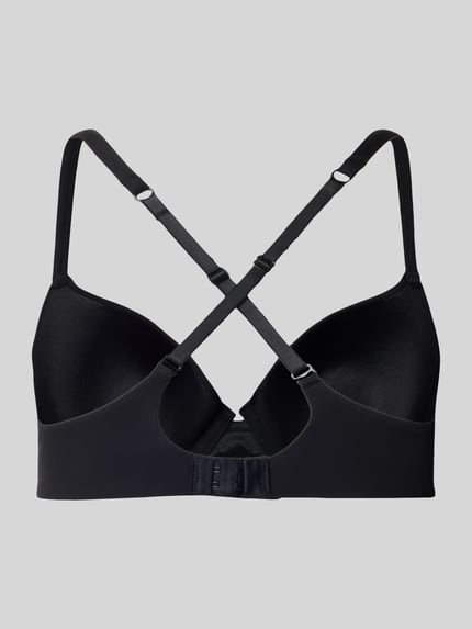 Produktfoto, BH mit Bügel von Jake*s Casual in Schwarz, glatte Oberfläche, klare Linien, silberne Verschlüsse, grauer Hintergrund