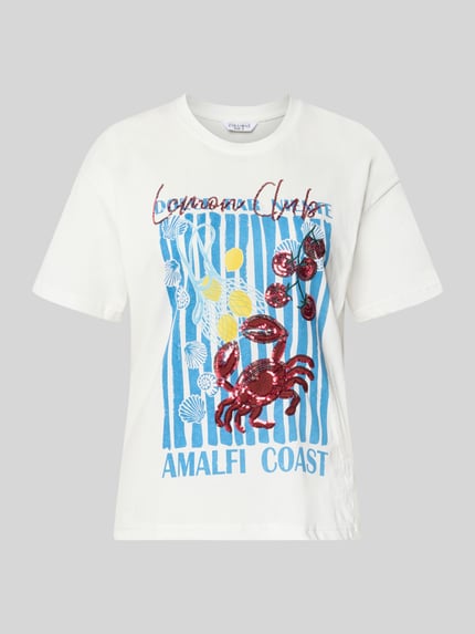 Produktfoto, t-shirt z nadrukiem z motywem i cekinami Model 'Lo44bster' od ZABAIONE, bawełna, krój regular fit, okrągły dekolt, długość tyłu w rozmiarze S: 61 cm