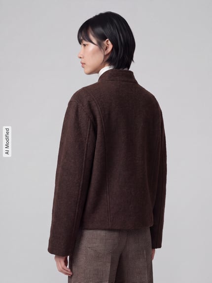 Frauenmodel trägt Regular Fit Blouson aus Woll-Mix Modell 'JACQUELINE' von Selected in Dunkelbraun, Damen Bomberjacke, Ganzkörperansicht Rückansicht, KI-modifiziertes Bild.